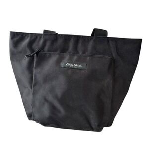 Vtg Utility Eddie Bauer Ripstop Tote w Leather Patch Black Work Bag Drink Holder